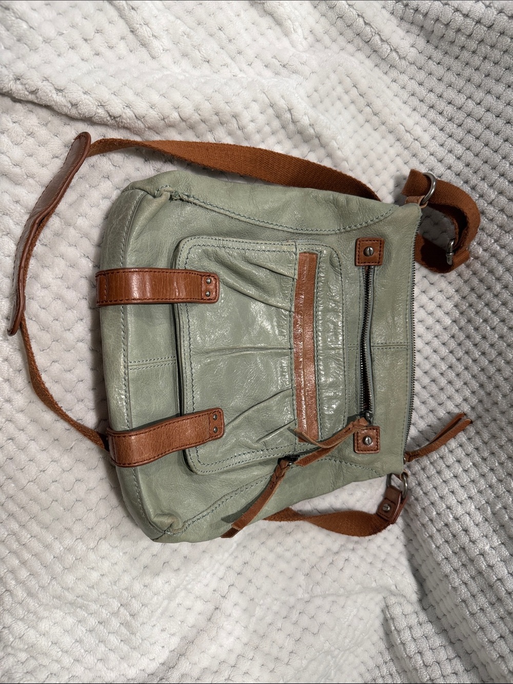 Crossbody Shoulder Bag in Sage Green with Brown Accents